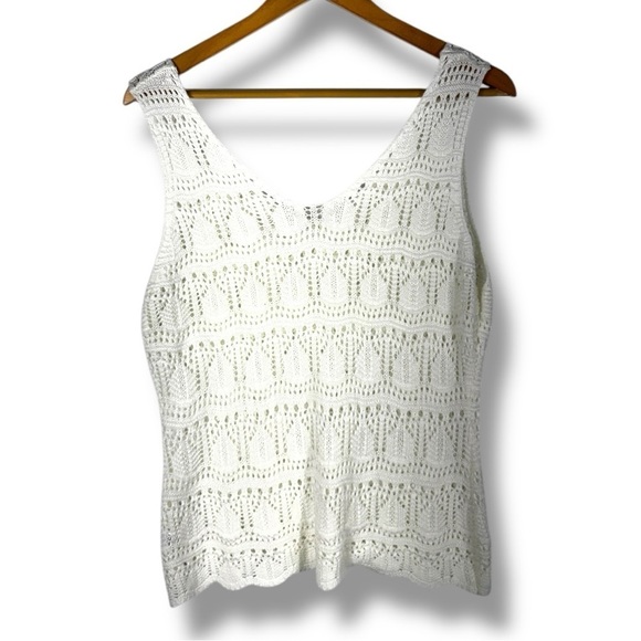 Pointelle Crocheted V Neck Scalloped Hem Tank Sweater, Ivory Cream, Size Large - Picture 10 of 10